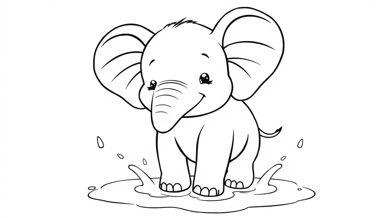 Niedlicher Elefant spielt im Regen - Farbtafel