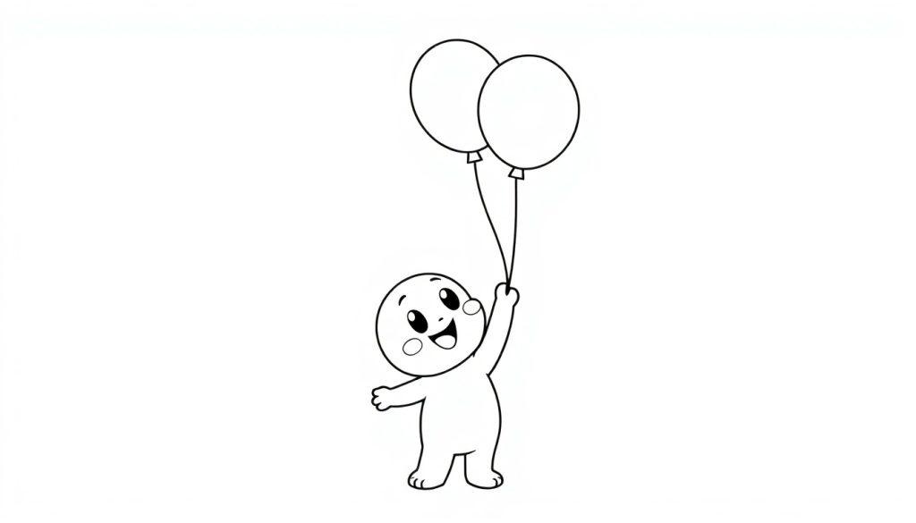 Eine Schwarz-Weiß-Farbtafel eines Cartoon-Babys, das zwei bunte Ballons hält.
