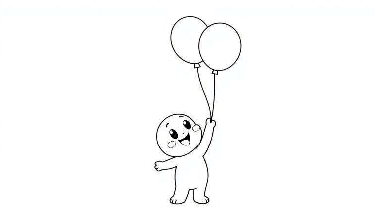 Eine Schwarz-Weiß-Farbtafel eines Cartoon-Babys, das zwei bunte Ballons hält.