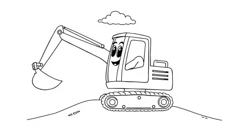 Eine Schwarz-Weiß-Farbtafel eines lächelnden Cartoon-Baggers, der winkt, auf einem Hügel.