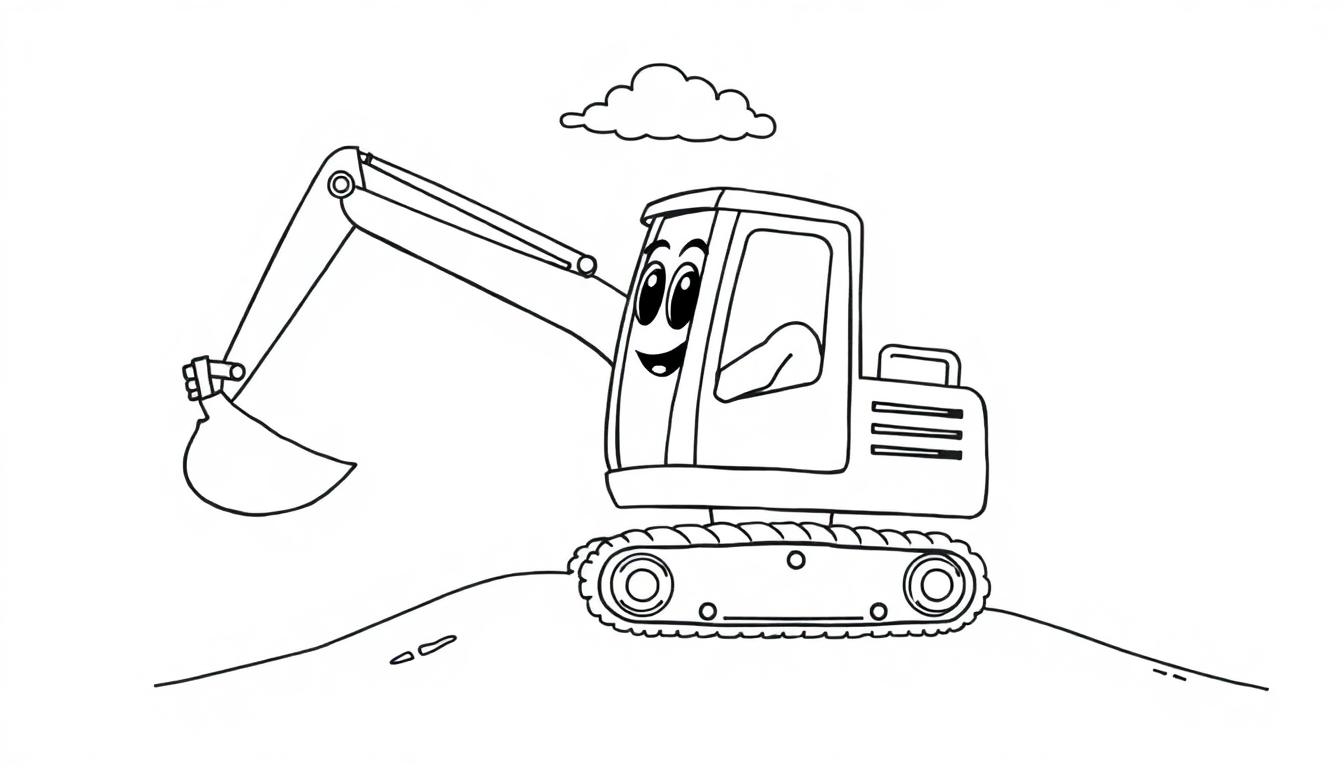 Eine Schwarz-Weiß-Farbtafel eines lächelnden Cartoon-Baggers, der winkt, auf einem Hügel.