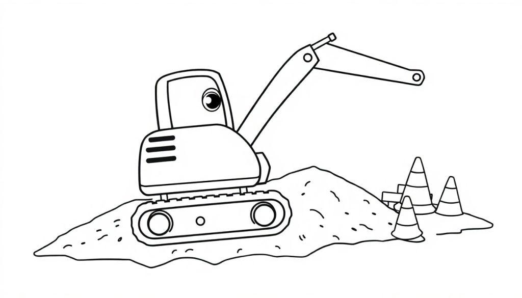 Ein süßer Bagger auf einer Baustelle, bereit zum Baggern! Schwarz-Weiß-Ausmalbild für Kinder. Farbtafel.