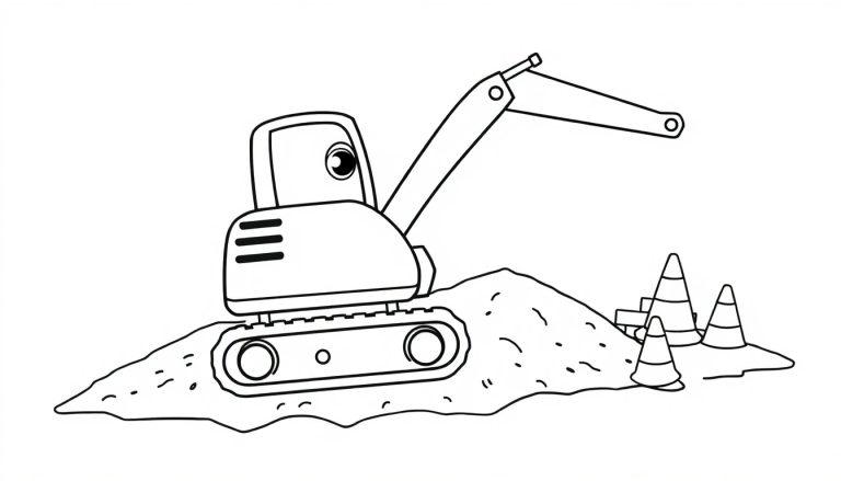 Ein süßer Bagger auf einer Baustelle, bereit zum Baggern! Schwarz-Weiß-Ausmalbild für Kinder. Farbtafel.