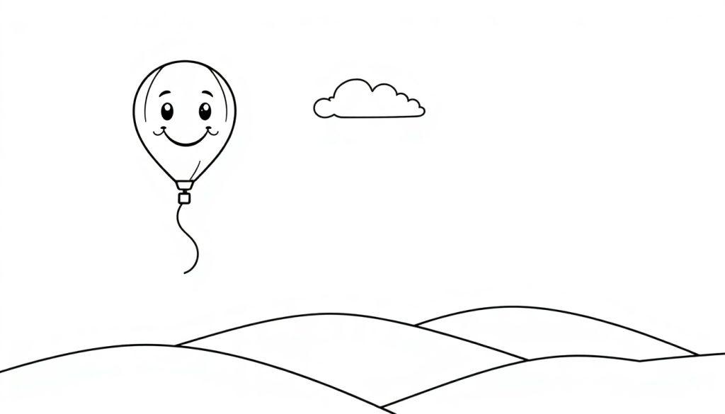 Eine Schwarz-Weiß-Farbtafel mit einem lächelnden Ballon, der über hügeliges Gelände fliegt, mit einer kleinen Wolke im Himmel.
