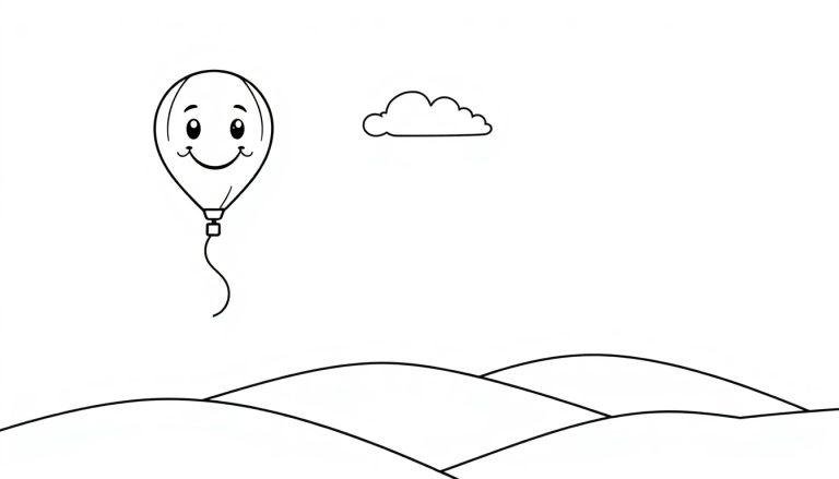 Eine Schwarz-Weiß-Farbtafel mit einem lächelnden Ballon, der über hügeliges Gelände fliegt, mit einer kleinen Wolke im Himmel.