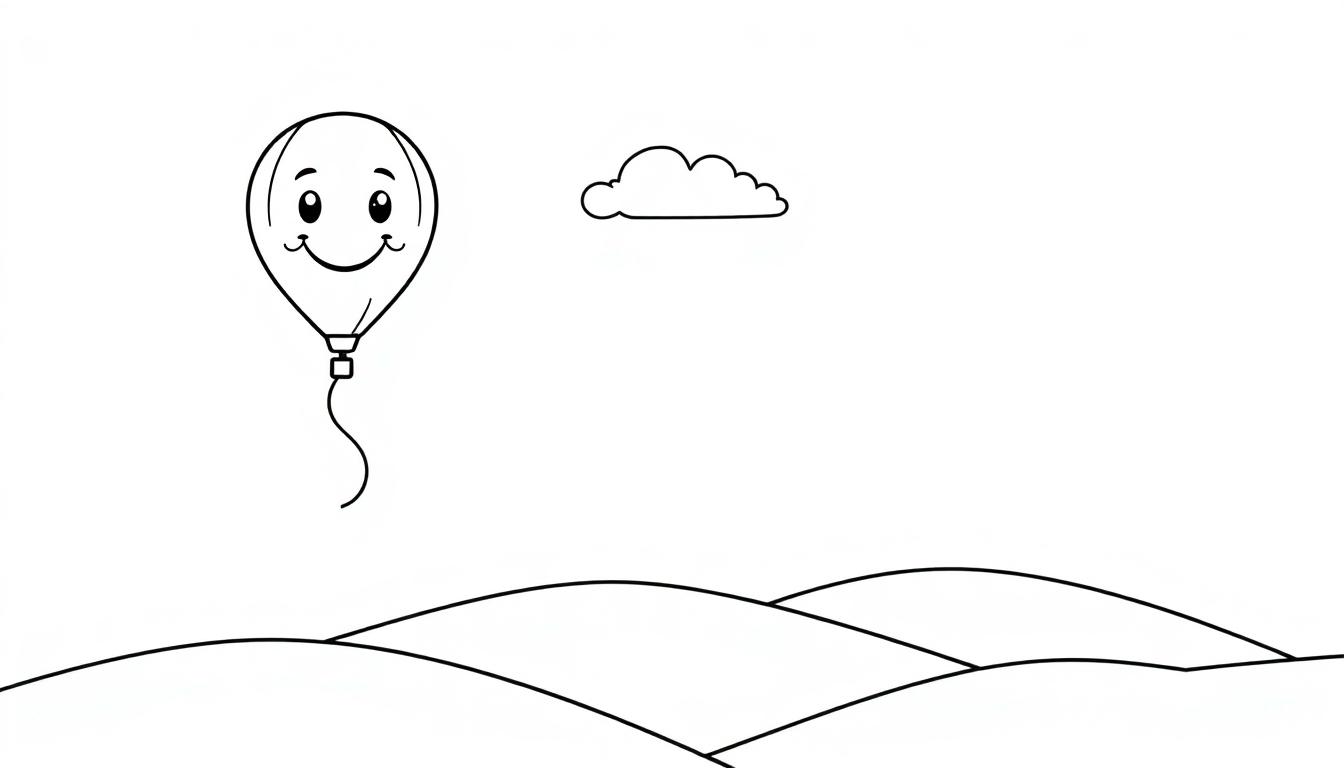 Eine Schwarz-Weiß-Farbtafel mit einem lächelnden Ballon, der über hügeliges Gelände fliegt, mit einer kleinen Wolke im Himmel.