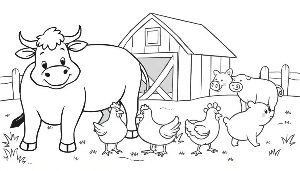 Schwarzweißzeichnung einer ländlichen Szene mit einer lächelnden Kuh, drei Hühnern, einem Bauernhaus, zwei ausgewachsenen und einem kleineren Schwein, Grasbüscheln und einem Zaun, bereit zum Ausmalen als Farbtafel.