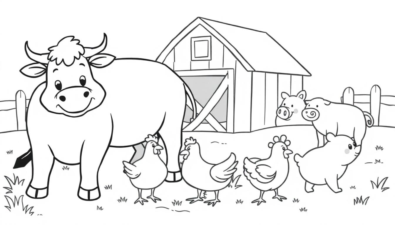 Schwarzweißzeichnung einer ländlichen Szene mit einer lächelnden Kuh, drei Hühnern, einem Bauernhaus, zwei ausgewachsenen und einem kleineren Schwein, Grasbüscheln und einem Zaun, bereit zum Ausmalen als Farbtafel.