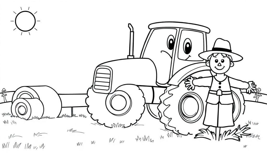 Schwarz-weiße Farbtafel: Eine freundliche Vogelscheuche und ein lächelnder Traktor auf einem sonnigen Feld.