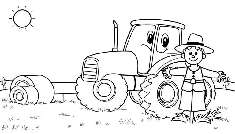 Schwarz-weiße Farbtafel: Eine freundliche Vogelscheuche und ein lächelnder Traktor auf einem sonnigen Feld.