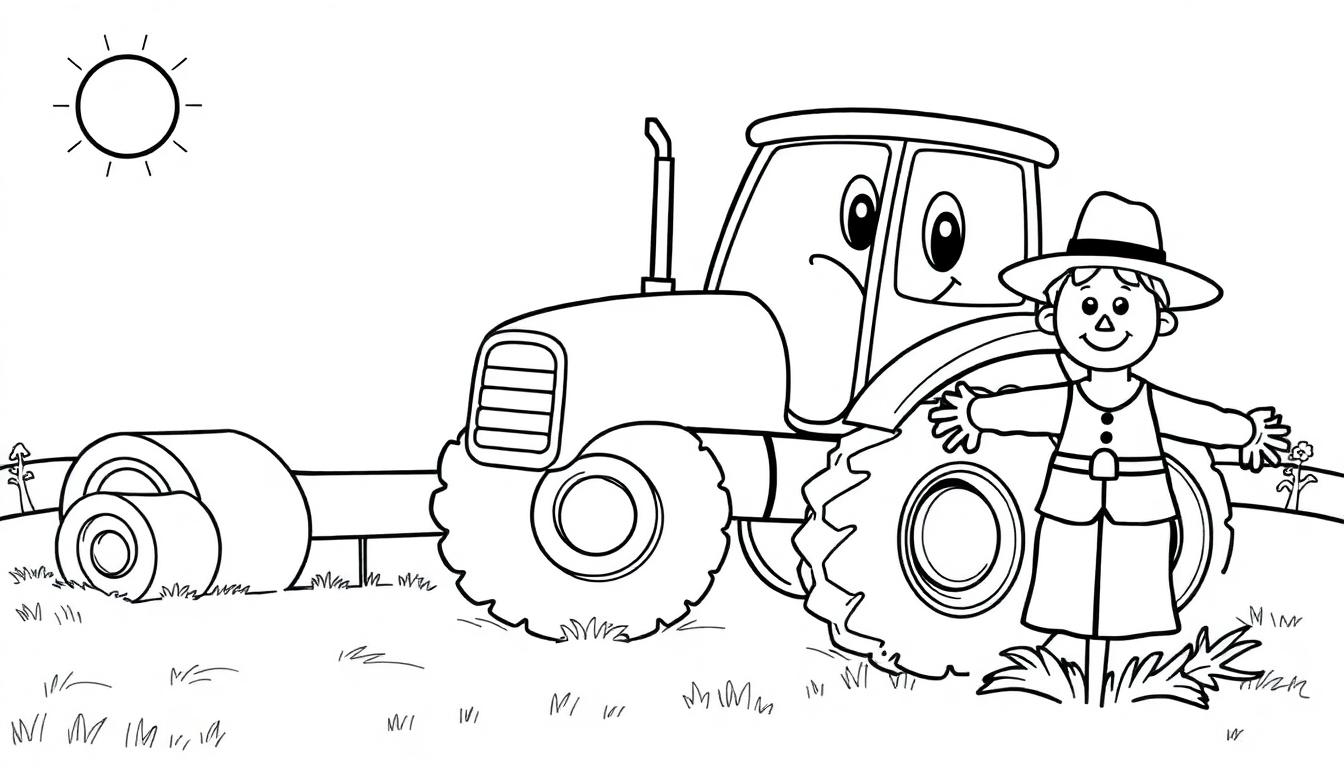 Schwarz-weiße Farbtafel: Eine freundliche Vogelscheuche und ein lächelnder Traktor auf einem sonnigen Feld.