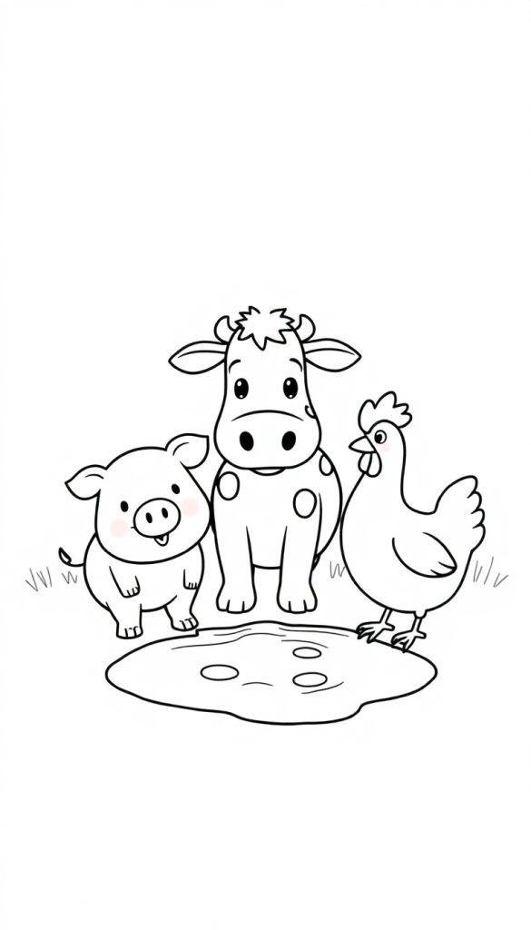 Drei Nutztiere stehen um eine Wasserpfütze in einer schwarz-weißen Cartoon-Illustration.