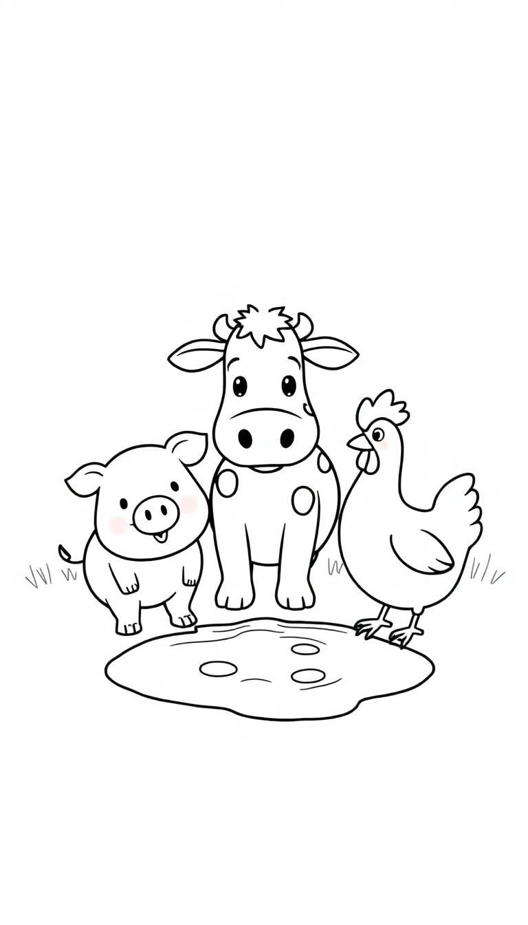 Drei Nutztiere stehen um eine Wasserpfütze in einer schwarz-weißen Cartoon-Illustration.