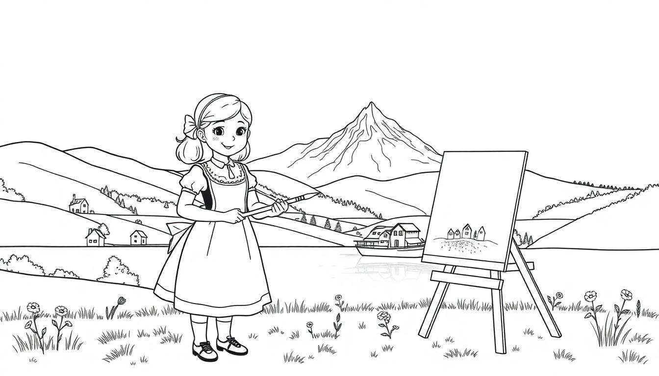 Ein Mädchen im Dirndl malt eine bayerische Landschaft auf einer Farbtafel.