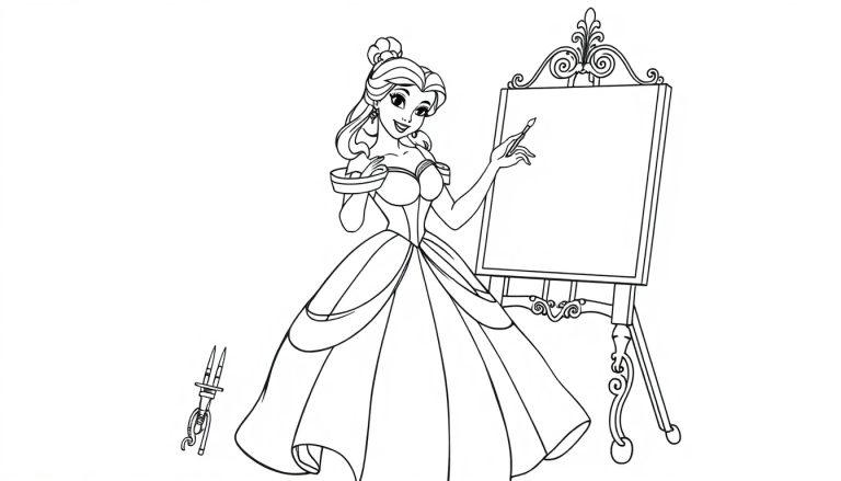 Schwarz-weiße Farbtafel-Zeichnung von Belle aus 'Die Schöne und das Biest' mit Pinsel und Staffelei.