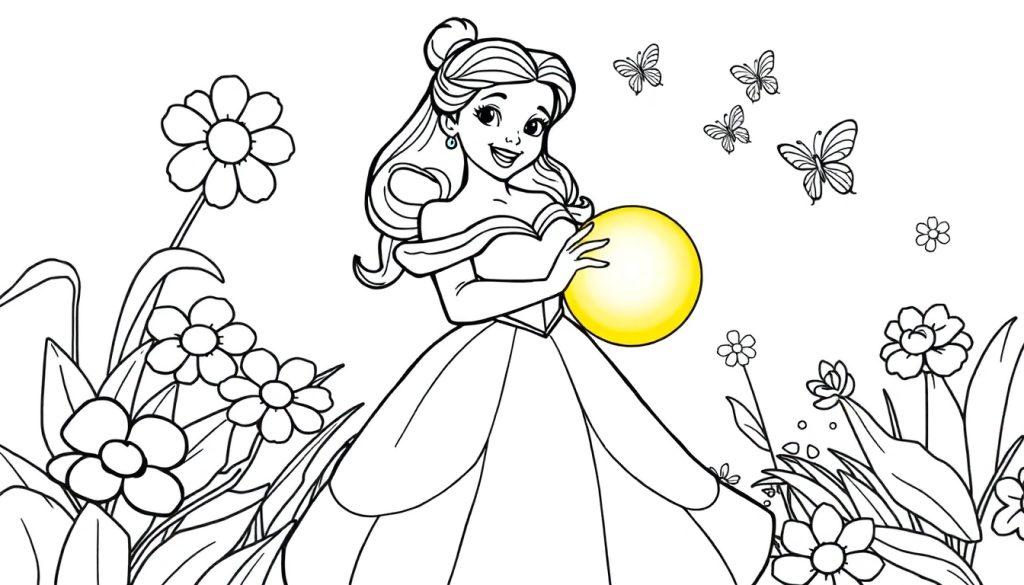 Belle, als Farbtafel für ein Malbuch, hält ihren goldenen Ball.