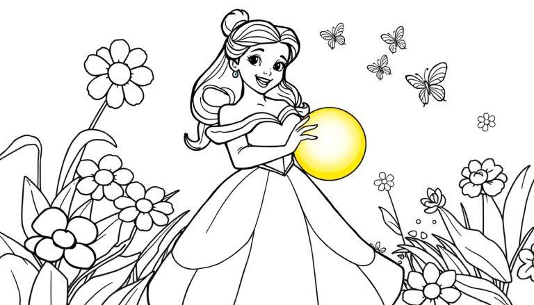 Belle, als Farbtafel für ein Malbuch, hält ihren goldenen Ball.