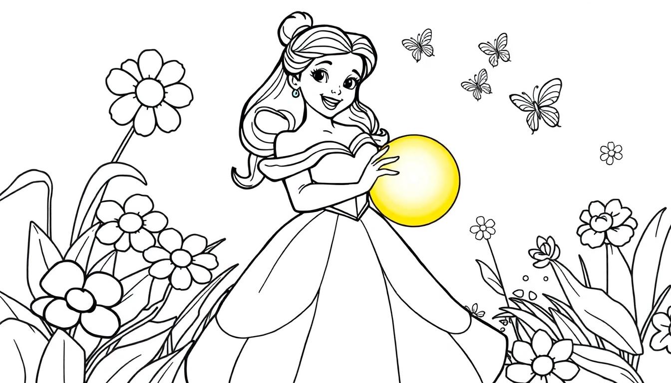 Belle, als Farbtafel für ein Malbuch, hält ihren goldenen Ball.