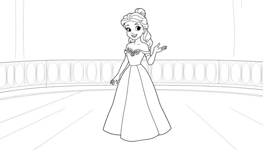 Eine Cartoon-Farbtafel von Belle in einem Ballkleid winkt.