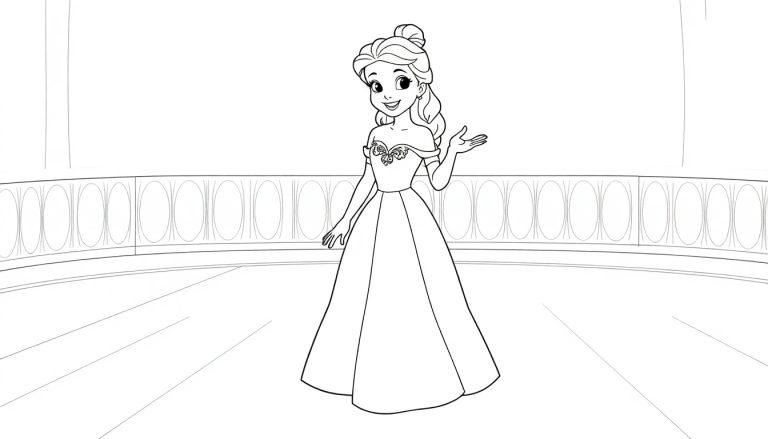 Eine Cartoon-Farbtafel von Belle in einem Ballkleid winkt.