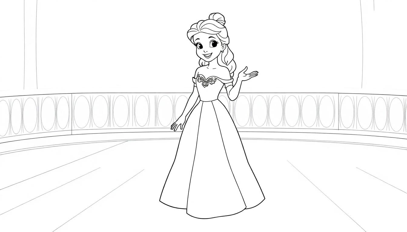 Eine Cartoon-Farbtafel von Belle in einem Ballkleid winkt.