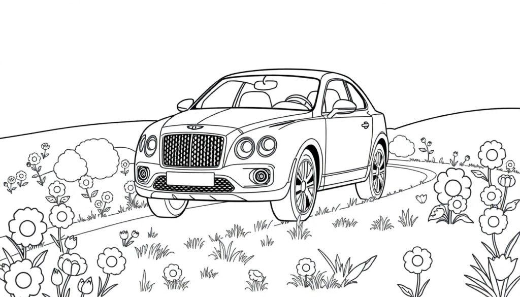 Schwarz-Weiß-Farbtafel-Illustration eines Bentley-SUVs auf einer gewundenen Straße durch eine Blumenwiese.