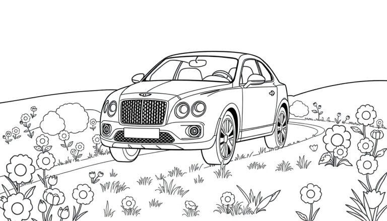 Schwarz-Weiß-Farbtafel-Illustration eines Bentley-SUVs auf einer gewundenen Straße durch eine Blumenwiese.
