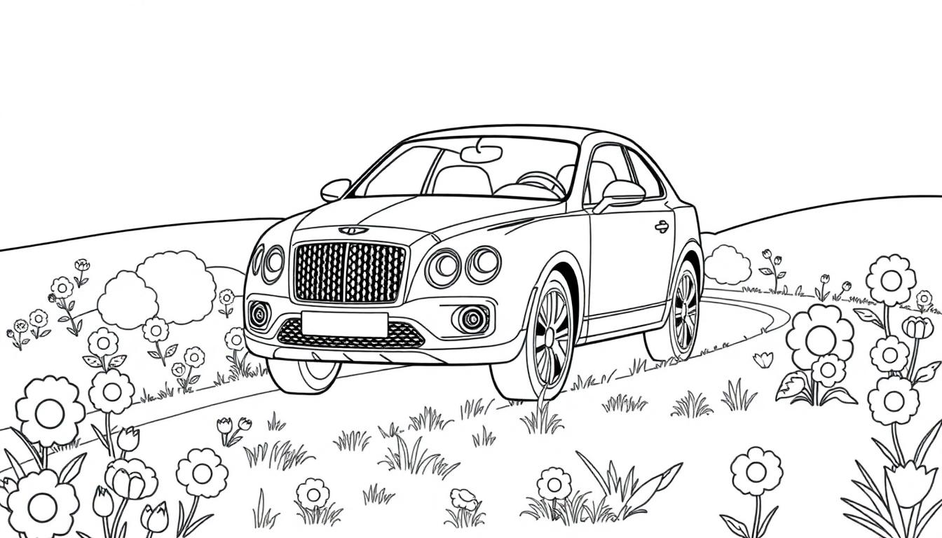 Schwarz-Weiß-Farbtafel-Illustration eines Bentley-SUVs auf einer gewundenen Straße durch eine Blumenwiese.