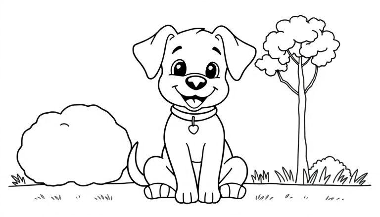 Bentley der süße Hund im Park, bereit zum Ausmalen. Schwarz-weiß Ausmalbild-Farbtafel.