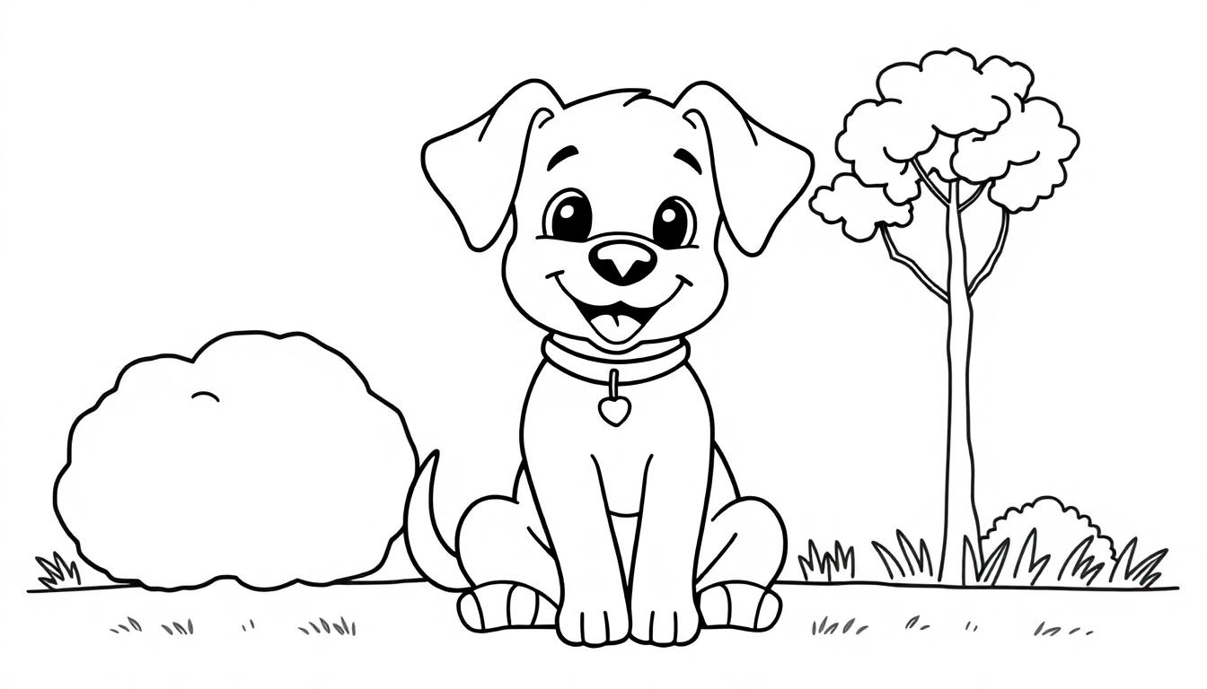Bentley der süße Hund im Park, bereit zum Ausmalen. Schwarz-weiß Ausmalbild-Farbtafel.