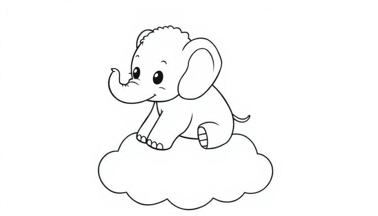 Eine Farbtafel-Malvorlage eines niedlichen Cartoon-Elefanten, der auf einer Wolke sitzt.