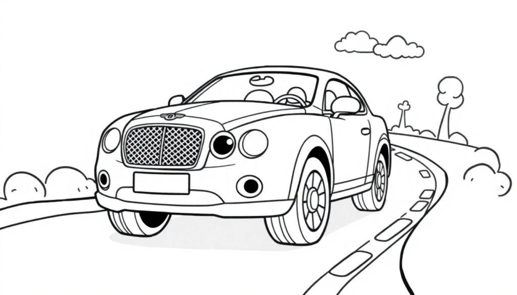 Eine Cartoon-Farbtafel von Bentley, dem kleinen Auto, das auf einer Straße fährt.