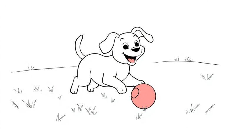 Bentley, der fröhliche Hund, spielt im Park mit einem Ball. Eine Schwarz-weiße Farbtafel zum Ausmalen.