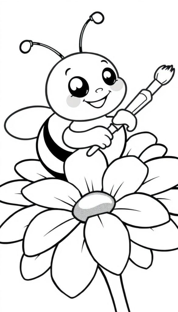 Eine niedliche schwarz-weiße Cartoon-Biene sitzt auf einer Blume und hält einen Pinsel.