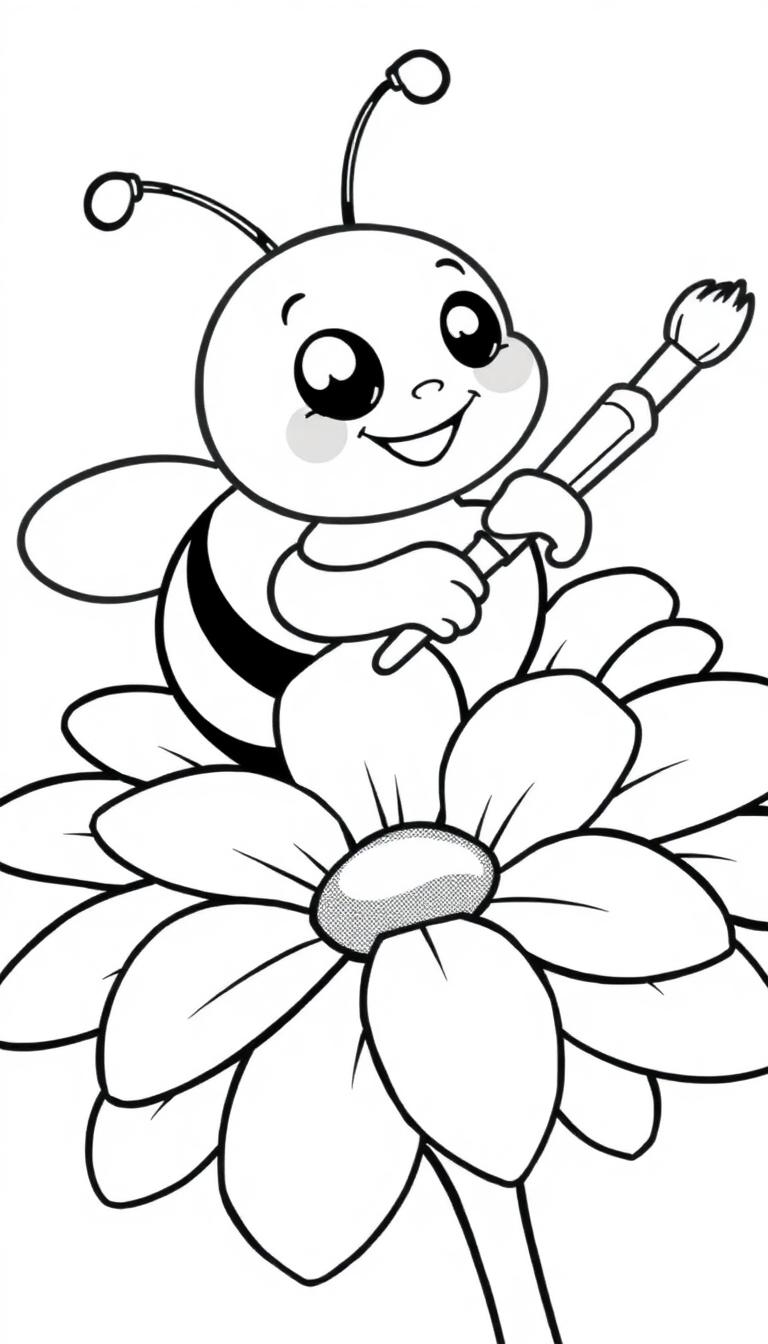 Eine niedliche schwarz-weiße Cartoon-Biene sitzt auf einer Blume und hält einen Pinsel.