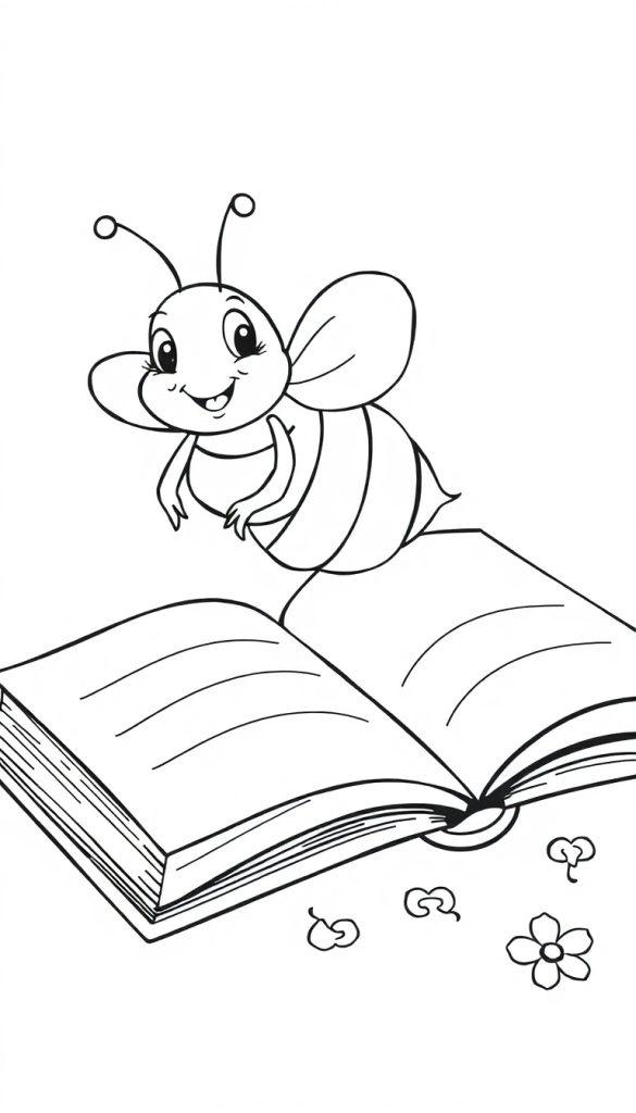 Ein lächelndes Bienchen schwebt über einem offenen Buch, umgeben von Blumen.
