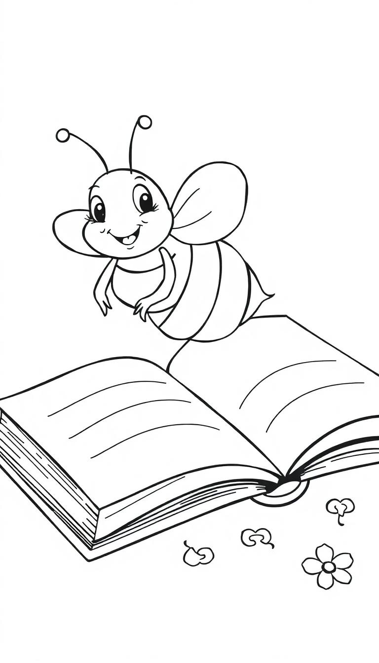 Ein lächelndes Bienchen schwebt über einem offenen Buch, umgeben von Blumen.
