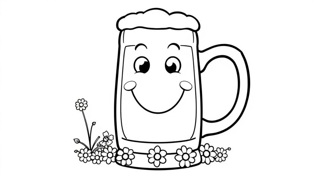 Ein lustiger Bierkrug zum Ausmalen, eine Farbtafel mit Blumen.