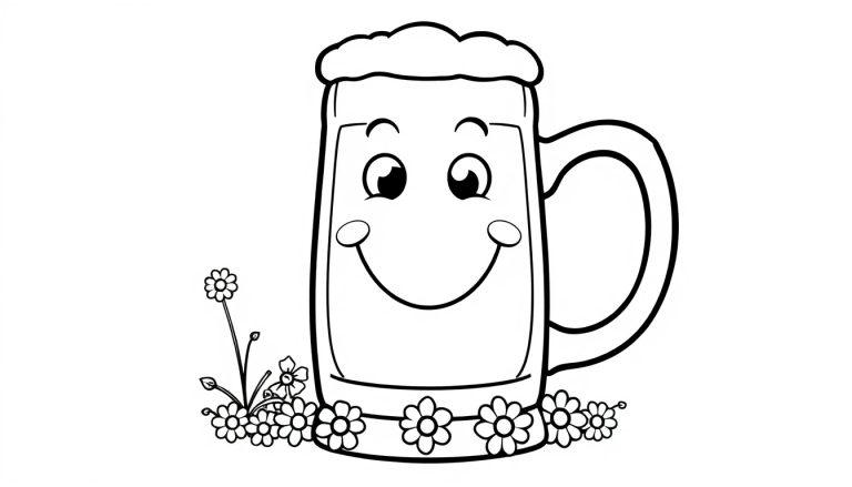 Ein lustiger Bierkrug zum Ausmalen, eine Farbtafel mit Blumen.