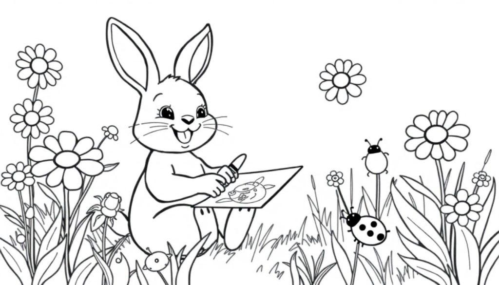 Bing das kleine Hoppelhäschen malt mit bunten Stiften in seinem Garten. Schwarz-weiß zum Ausmalen, eine Farbtafel.