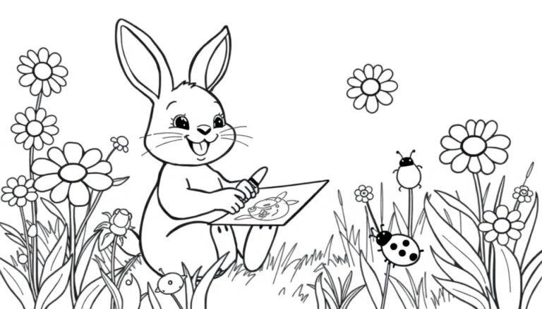 Bing das kleine Hoppelhäschen malt mit bunten Stiften in seinem Garten. Schwarz-weiß zum Ausmalen, eine Farbtafel.