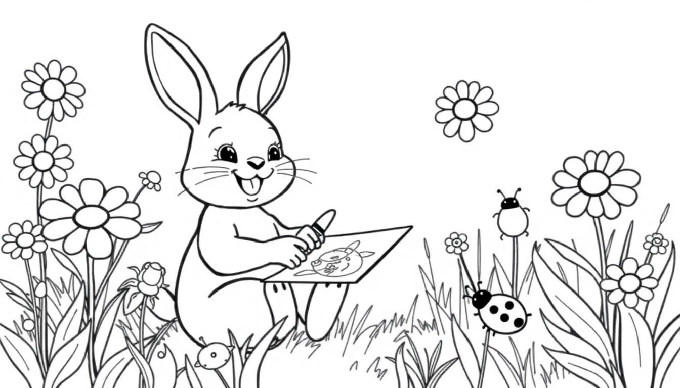 Bing das kleine Hoppelhäschen malt mit bunten Stiften in seinem Garten. Schwarz-weiß zum Ausmalen, eine Farbtafel.