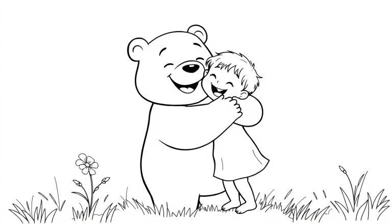 Bings lustige Umarmung, eine schwarz-weiße Linienzeichnung zum Ausmalen für Kinder, zeigt einen großen Bären, der ein lächelndes Kind fest umarmt, mit Grashalmen und einer Blume im Hintergrund.
