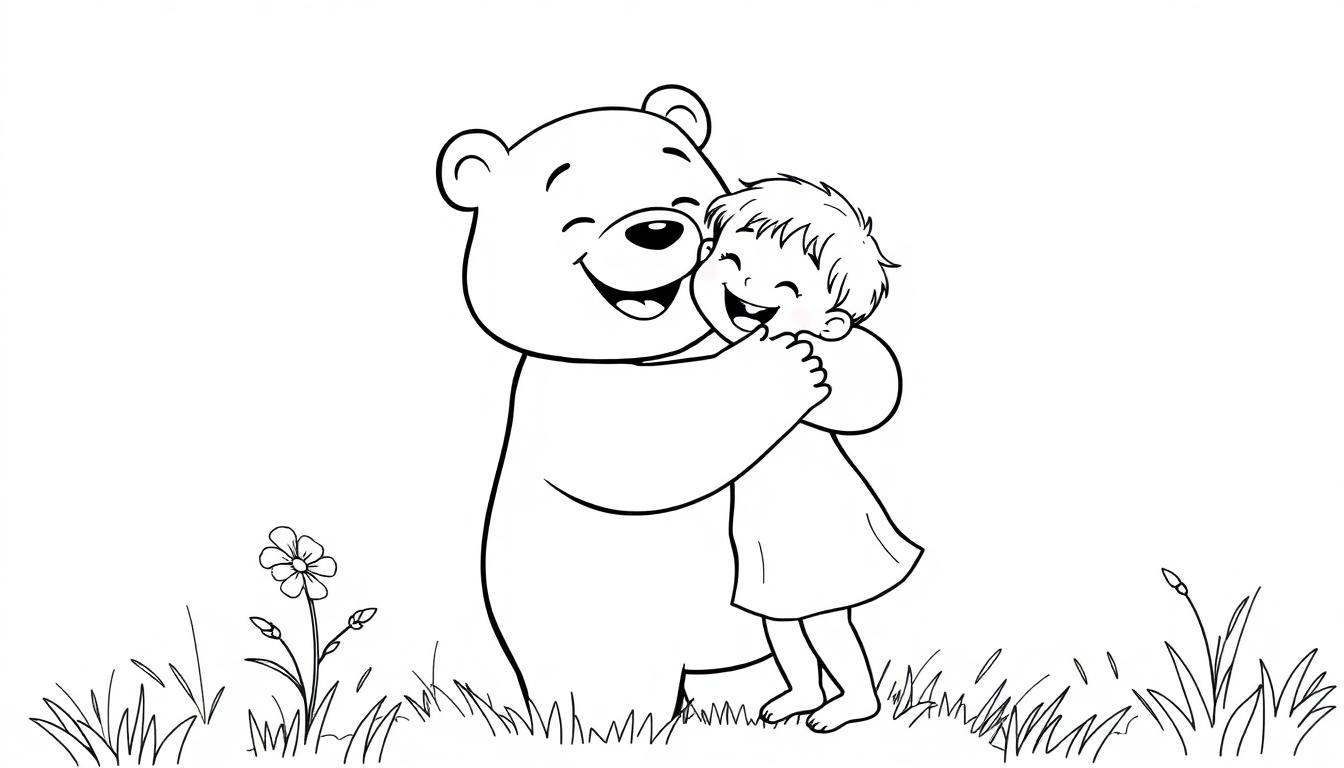 Bings lustige Umarmung, eine schwarz-weiße Linienzeichnung zum Ausmalen für Kinder, zeigt einen großen Bären, der ein lächelndes Kind fest umarmt, mit Grashalmen und einer Blume im Hintergrund.