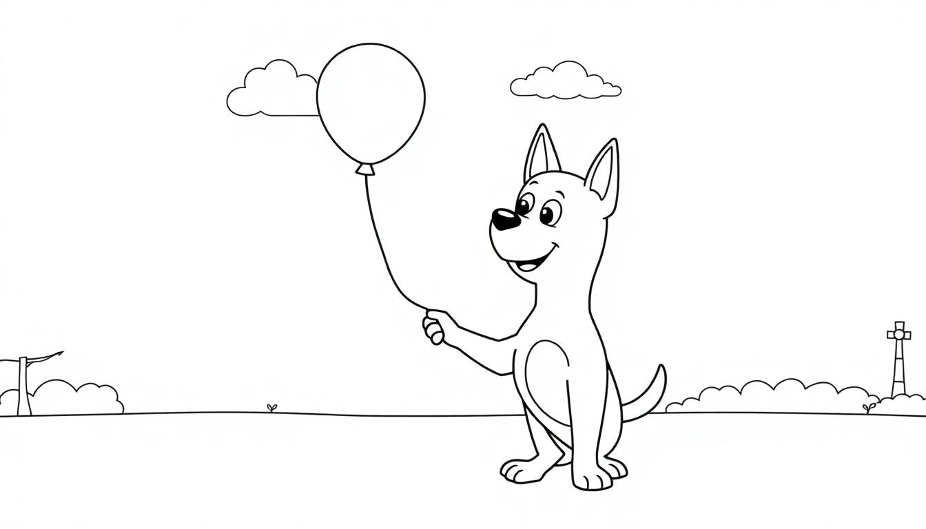 Eine Schwarz-Weiß-Farbtafel-Illustration von Bluey, die einen Ballon hält.