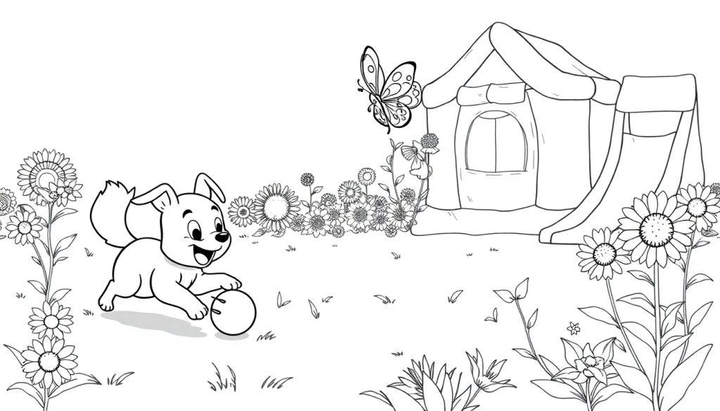 Schwarz-Weiß-Farbtafel von Bluey und Bingo, die mit einem Ball im Garten spielen, umgeben von Sonnenblumen und einem Zelt.