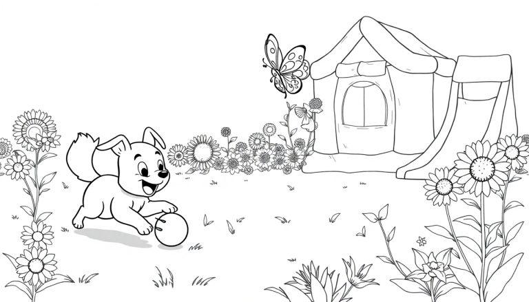 Schwarz-Weiß-Farbtafel von Bluey und Bingo, die mit einem Ball im Garten spielen, umgeben von Sonnenblumen und einem Zelt.