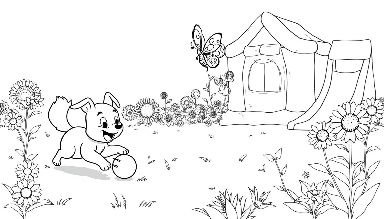 Schwarz-Weiß-Farbtafel von Bluey und Bingo, die mit einem Ball im Garten spielen, umgeben von Sonnenblumen und einem Zelt.