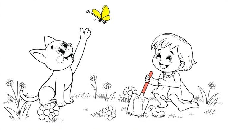 Farbtafel: Ein fröhliches Mädchen mit einer Schaufel im Garten und eine neugierige Katze, die einen Schmetterling jagt.