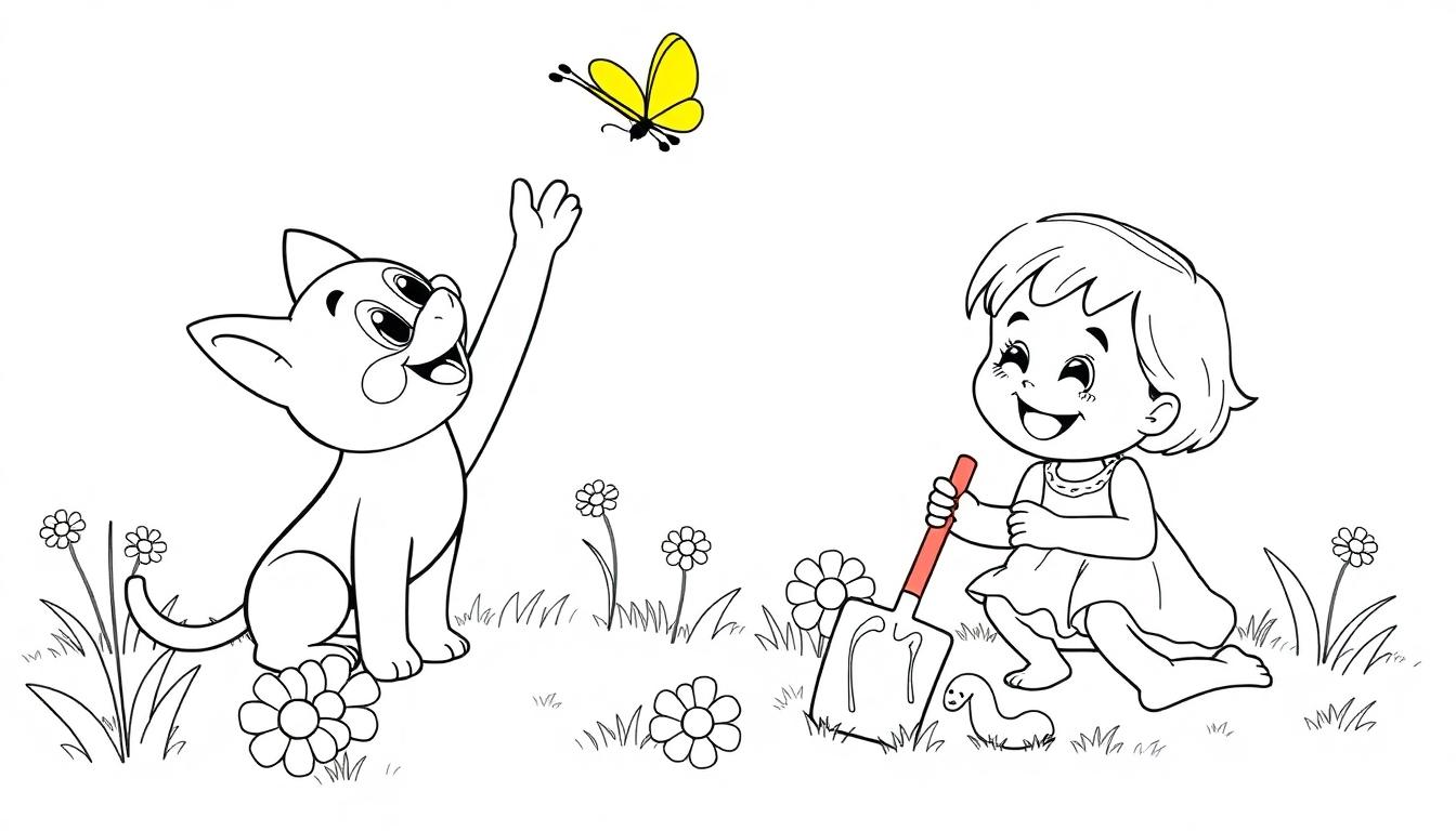Farbtafel: Ein fröhliches Mädchen mit einer Schaufel im Garten und eine neugierige Katze, die einen Schmetterling jagt.